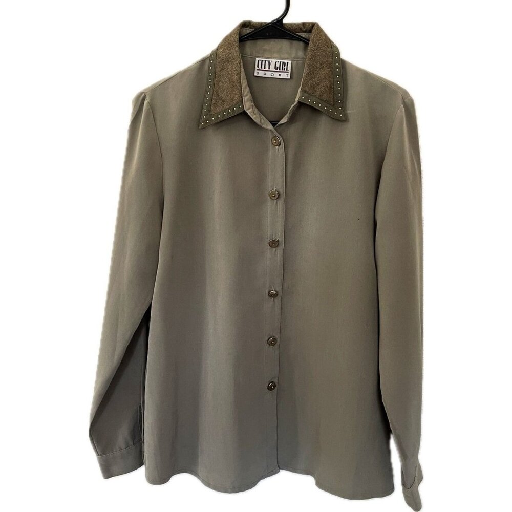 City Girl Sport Taupe Button-Up Shirt With Faux Suede Studded Collar Womens M